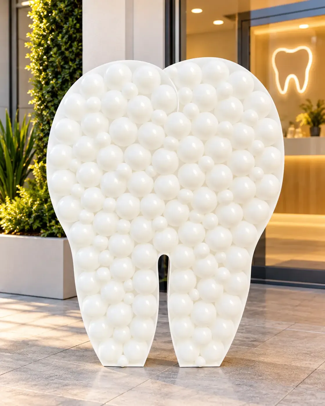 Painel de balões brancos em formato de dente para clínica odontológica